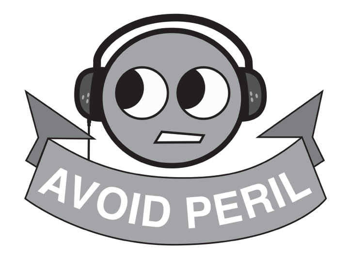 2004 Avoid Peril Logo. Grey face wearing headphones.