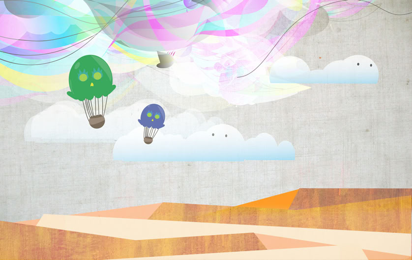 hot air balloons floating across abstract landscape with clouds and mountains. 